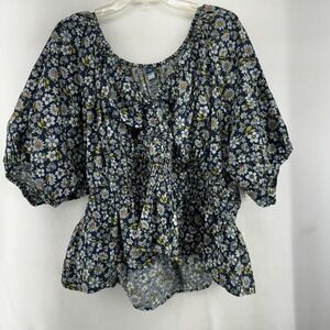 Old Navy Womans Blouse Size 2x Cotton Peasant Blouse Floral Print Blue Daisy Top